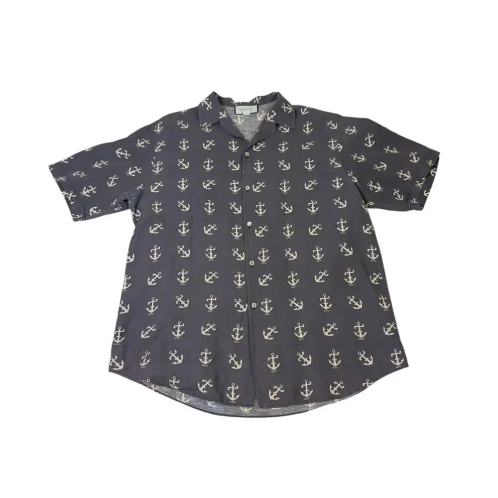 Gucci Anchor Print Linen Cotton Camp Shirt Gray Nautical Italy 2XL
